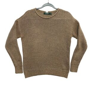 Lauren Ralph Lauren  Sweater Womens Small Brown Gold Metallic Knit Roll Collar